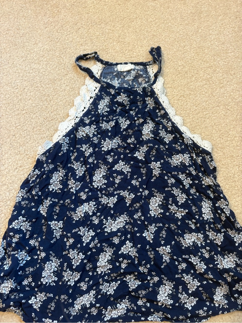 Navy Floral Lace-Trim Racerback Tank Top